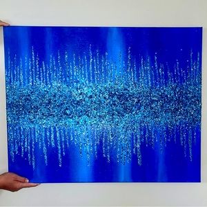 Blue hand painted glitter and glass canvas